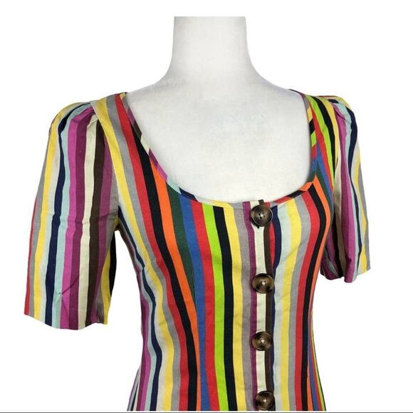 LPA Revolve Puff Sleeve Button Front Multi Striped Linen Mini Dress Size XS - Picture 8 of 16